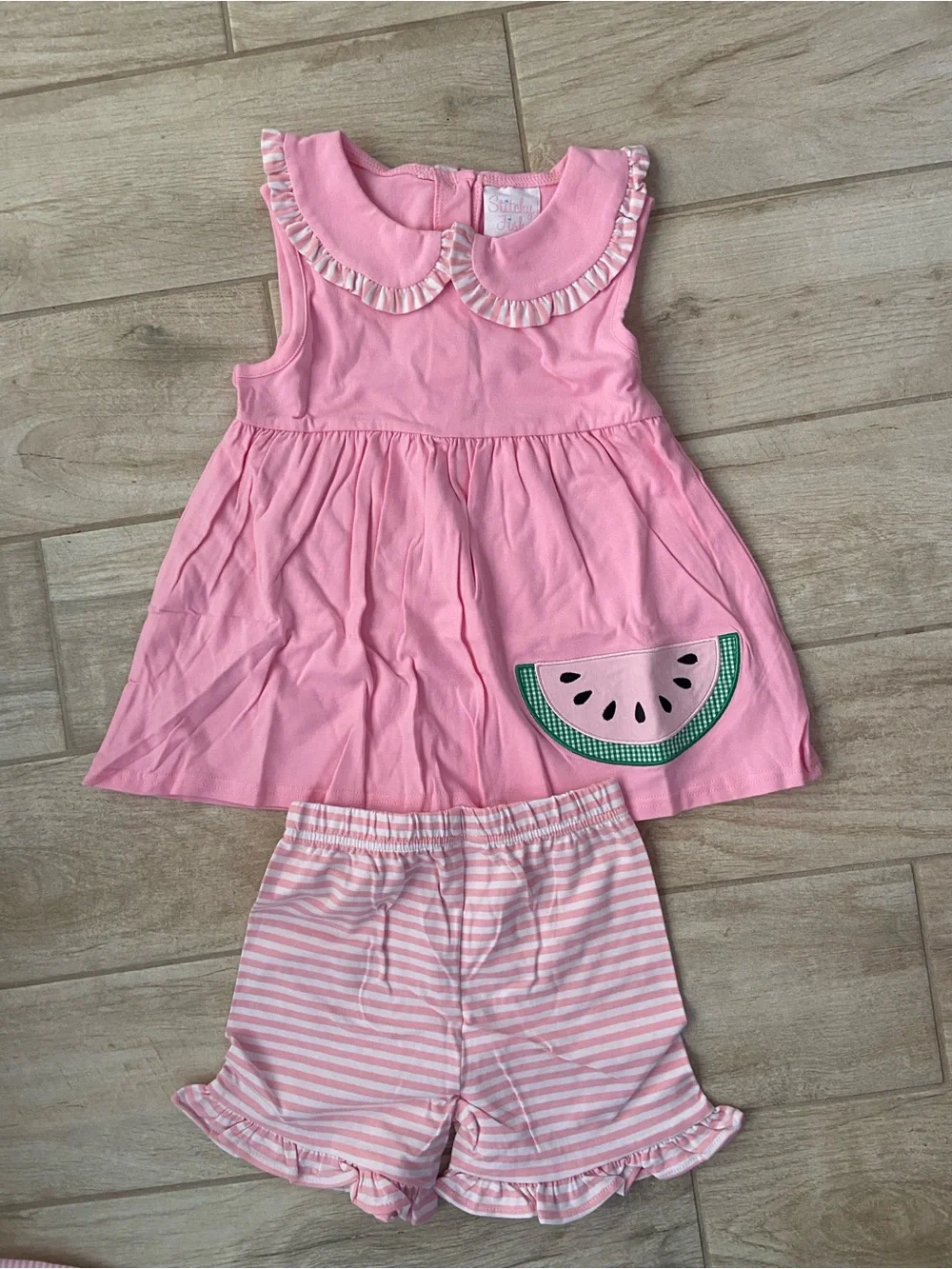 Stitchy Fish Girls 6T XS Small Watermelon Pink & Mint Summer Stripe Short Set